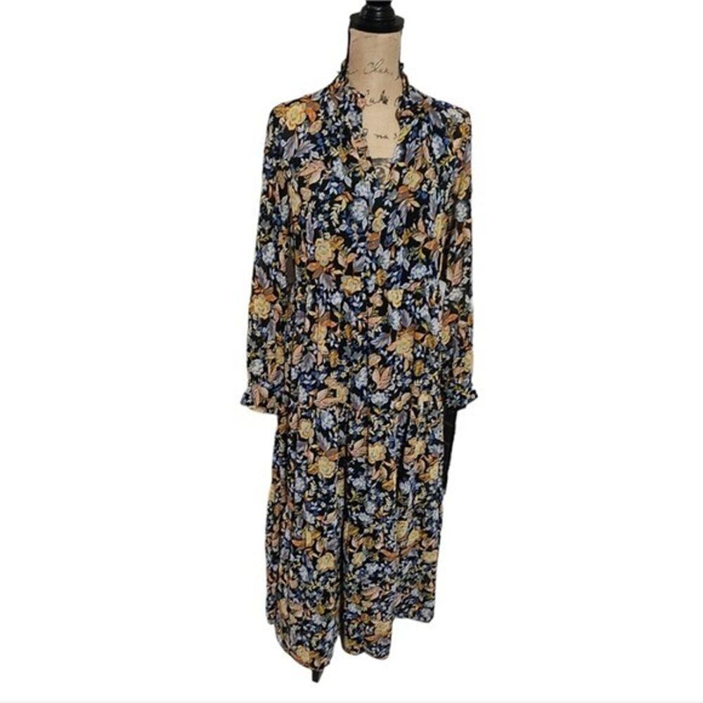 Lucky Brand Floral Print Maxi Dress Long Sleeve Ruffle Neckline Bohemian Style